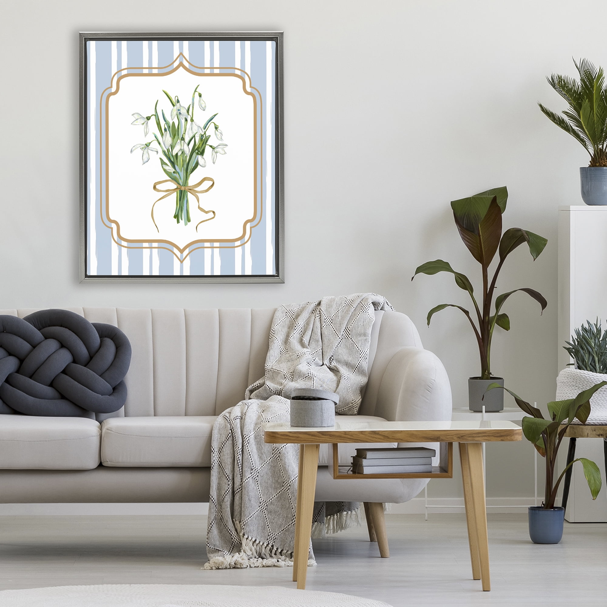 White Flower Bundle on Stripes Gray Framed Floater Canvas Wall Art, design by Adonna Ebrahimi