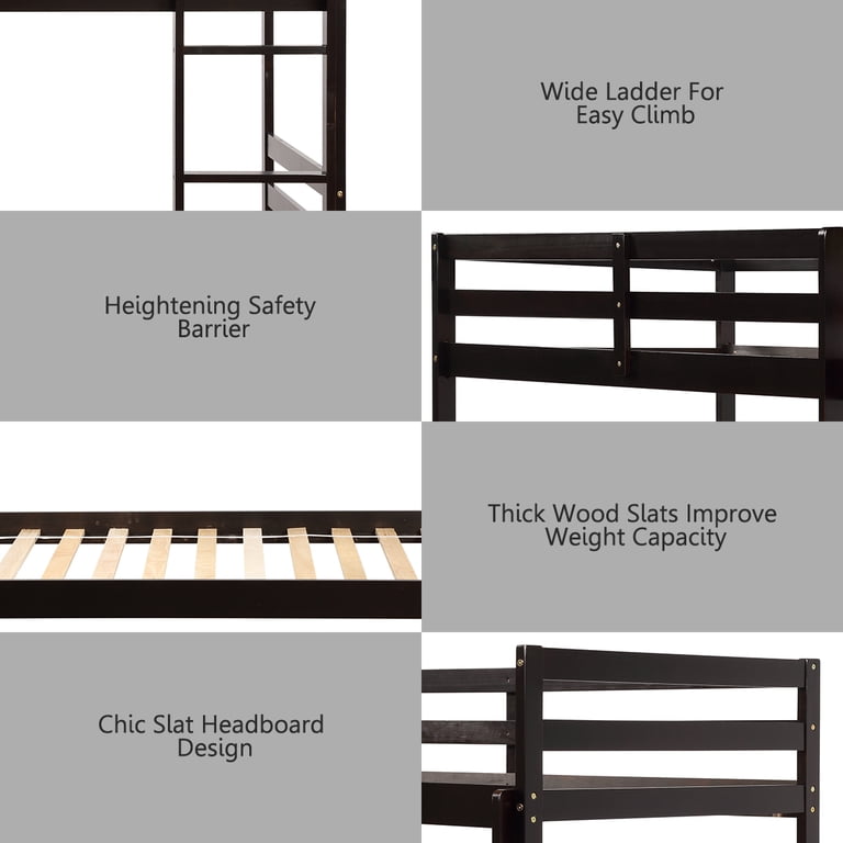 Costway Twin Over Twin Wood Bunk Bed with Ladder, Espresso photo 7