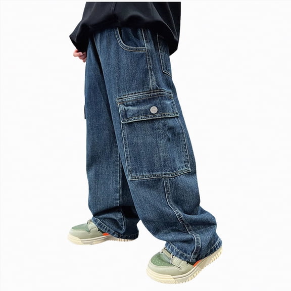 kpoplk Boys Baggy Jeans Casual Baggy Straight Leg Denim Sweatpants Elastic Waist Loose Wide Leg Jean Pants with Pocket(Blue,10-12 Y)