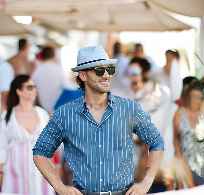 Funky Junque Lightweight Porkpie Fedora Sun Hat - Light Blue (Small/Medium)