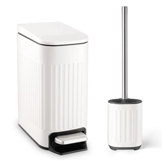 Bote De Basura Para Baño Con Escobilla Para Inodoro - Bote De Basura Delgado De Acero Inoxidable De 1.6 Galones Cesto De Basura Pequeño Para Baño, Oficina, Dormitorio, Escobilla De Inodoro De Silicona
