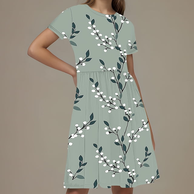 LOVZFMLL Robe à Manches Courtes Imprimée Mode Enfant 3-12 Ans Col Rond