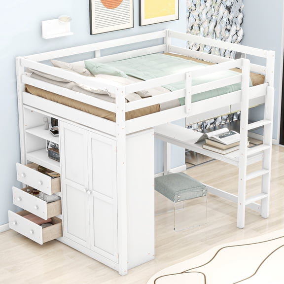 Full Size Wooden Loft Bed with Built-in Wardrobe, Desk, Storage Shelves and Drawers - White