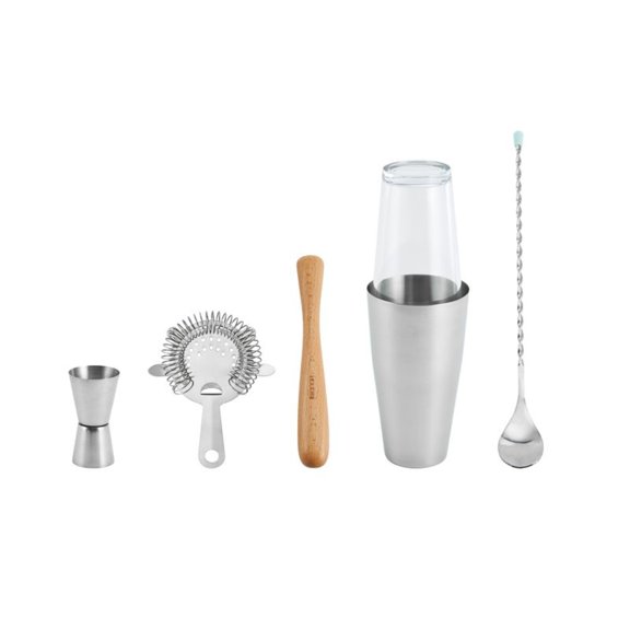 Houdini 5-Piece Bar Set in Stainless Steel with Wood and Glass