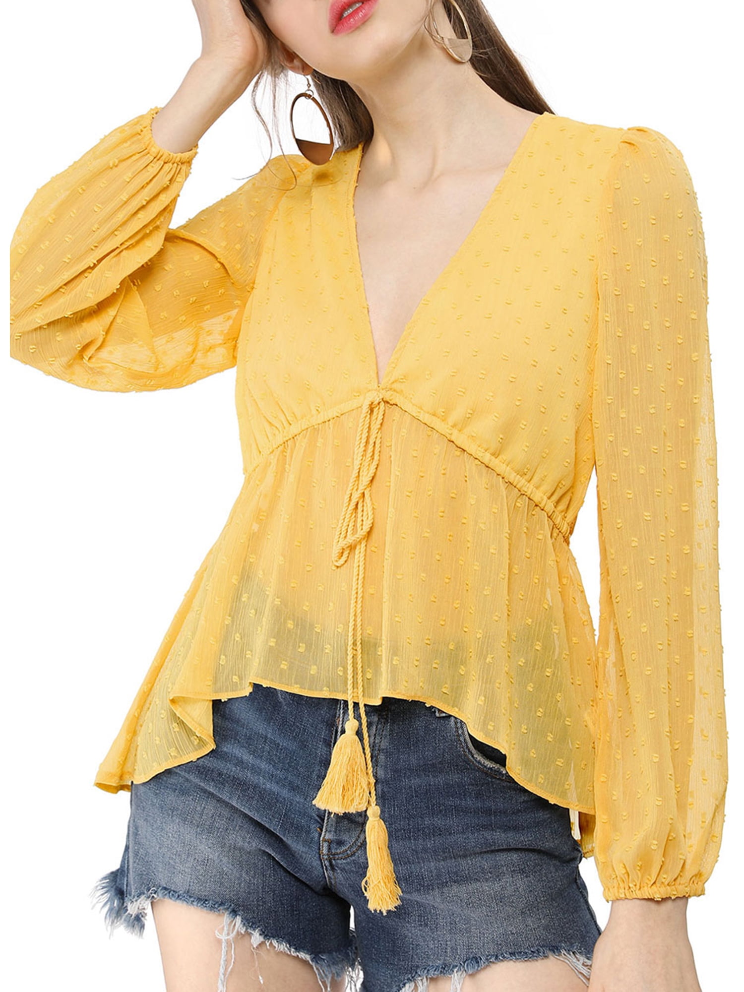 Unique Bargains Women's Deep V Neck Drawstring Ruffled Swiss Dots Sheer Chiffon Top Yellow M