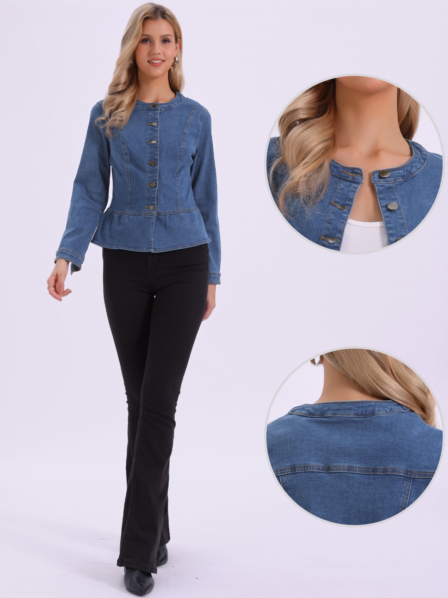 DARING DIVA Women's Peplum Hem Button Down Collarless Jean Jacket XS Blue