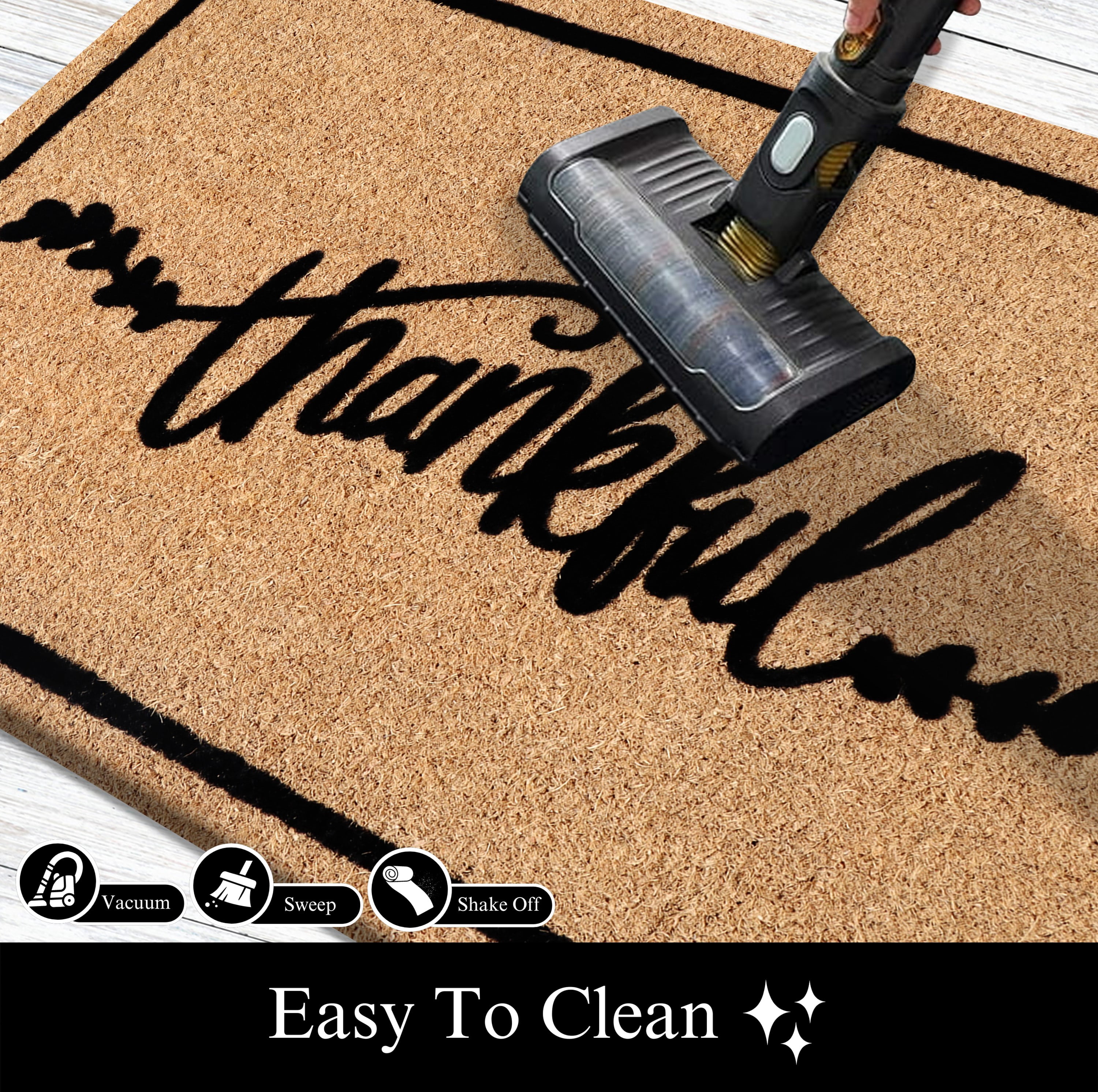 A1HC Natural Coir Flocked Doormat, Thankful Black, 24"x36", Durable Outdoor Welcome Mat