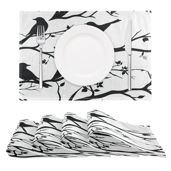 Black Birds and Flowers Reversible Placemat Non Slip Coffee Mat 18x12 Inch for Dining, Kitchen, Coffee