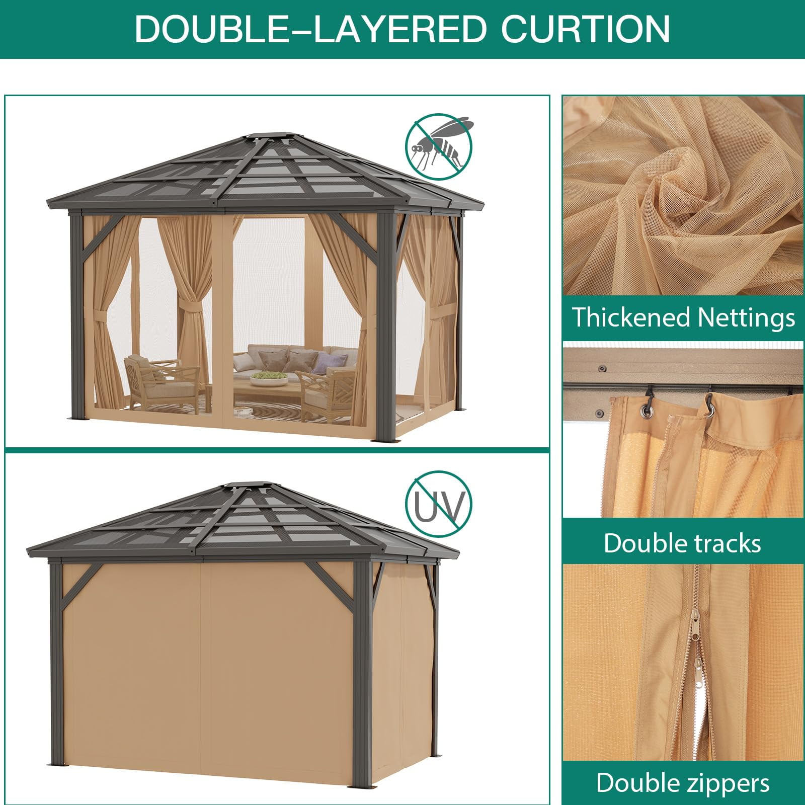 10' x 12' Hardtop Gazebo Outdoor Polycarbonate Patio Double Top Canopy Galvanized Iron Aluminum Column Garden Tent Curtains Netting for Backyards Decks Lawns