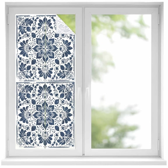 Blue Floral Window Privacy Film, Ethnic Boho Botanical Geometric Art Static Cling UV Sun Blocking Heat Control Window Tint Day and Night, Non-Adhesive One Way Windows Privacy Cover 17.7''x39.3''