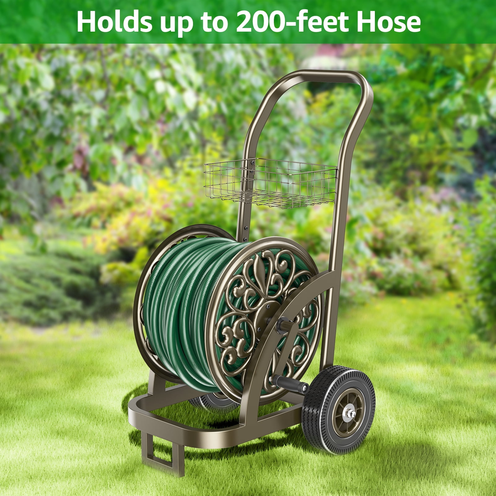 Outlandpro Hose Reel Cart Heavy Duty Powder-Coated Steel Outdoor Planting with Storage Basket