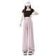 thumbnail image 3 of Pantalones de pierna ancha de verano para mujer, pantalones de traje finos y holgados de cintura alta, pantalones casuales rectos con cordón y doble botón para mujer, 3 of 3