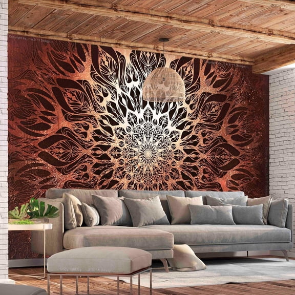 Tiptophomedecor Peel and Stick Zen Wallpaper Wall Mural - Orange Black Mandala - Removable Wall Decals
