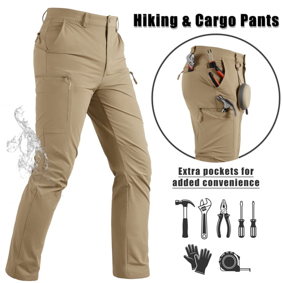 TACVASEN Men's Water Resistant Outdoor Hiking Pants Lightweight Quick Dry 6 Pockets Ripstop Stretch Cargo Pants,Khaki,32