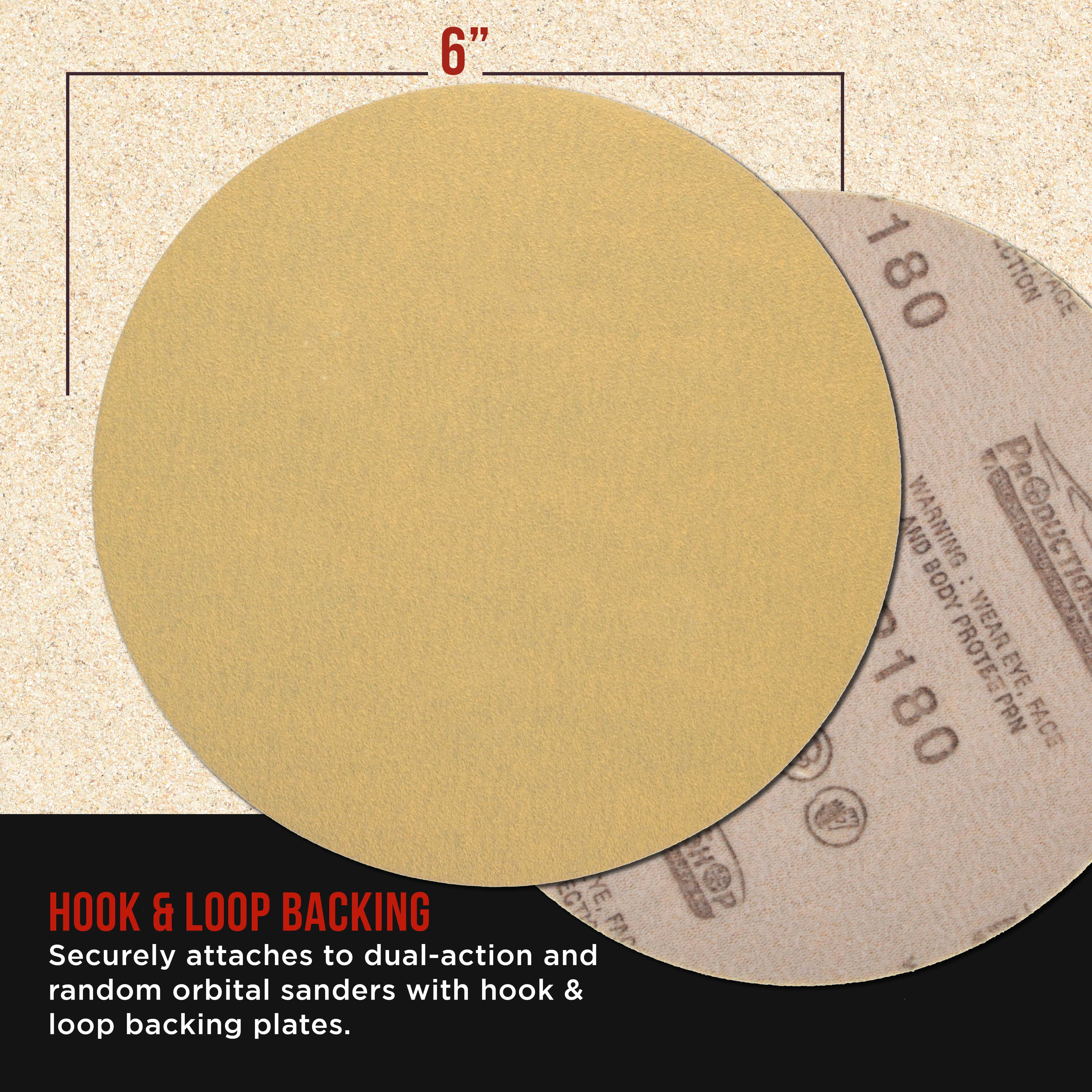 ProductionShop Premium 180 Grit 6" Gold Sanding Discs, Box of 100 - Hook & Loop Backing Abrasive Sandpaper for DA & Random Orbital Sanders - Sand Automotive Paint, Metal, Wood, Woodworking Furniture