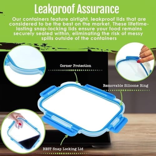 Glass Meal Prep Containers, 2 & 3 Compartments - Portion Control, Lunch Container Set, Food Storage, Airtight Lids, Oven & Freezer Safe, Leak-Proof Bento Box, 32 oz, Blue, 4 Pack