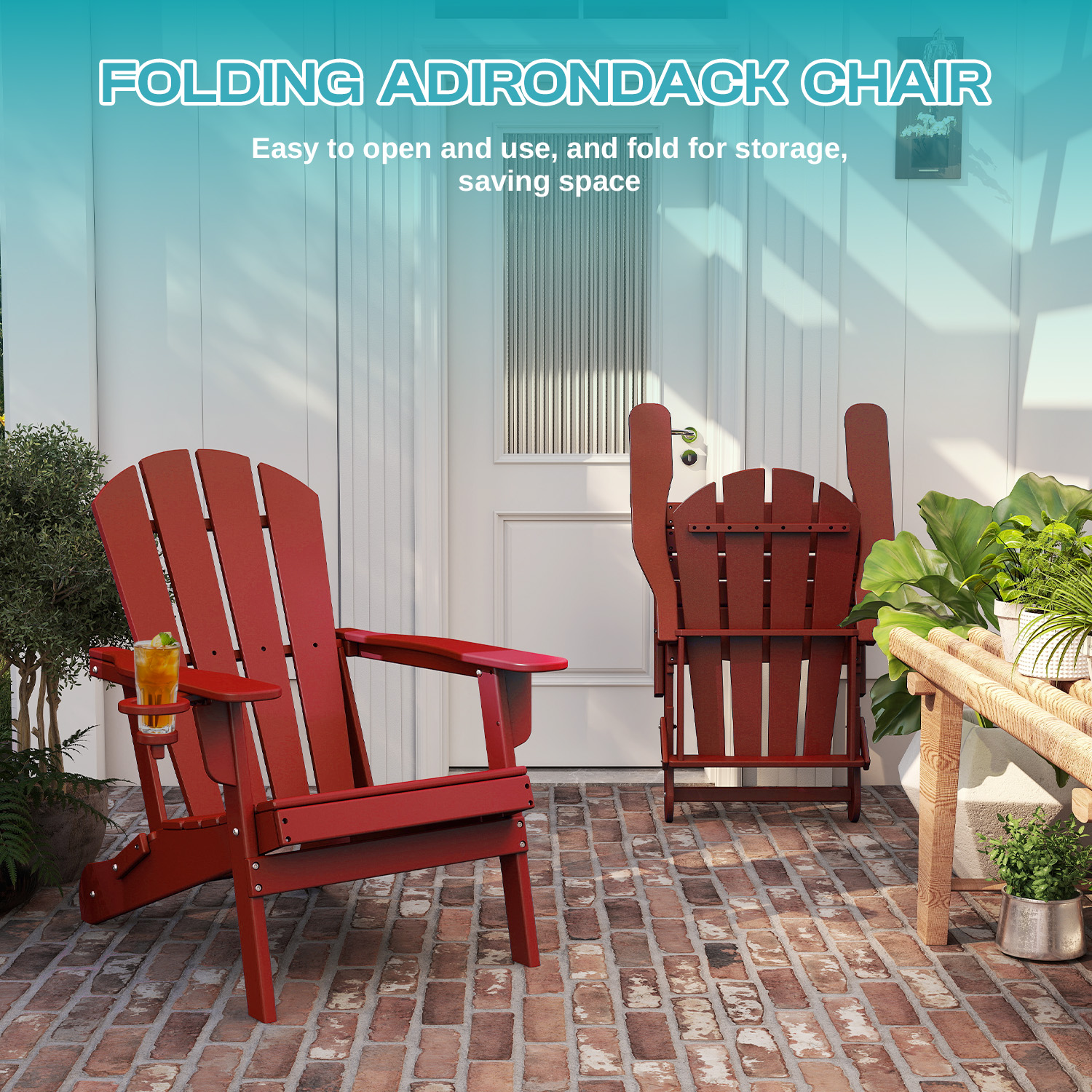 FODINGHILL Folding Adirondack Chair,HDPE All Weather Fire Pit Chair,Outdoor Plastic Chair for Patio Porch Garden,Red