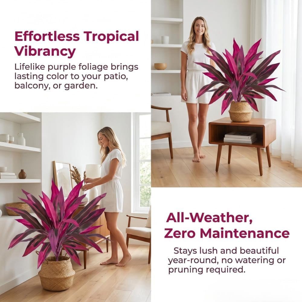 Realistic Artificial Boston Fern & Dragon’s Blood Tree Plants, Large Purple Tropical Rainforest Theme Fake Ferns with Vibrant Purple Foliage Brings Color to Patio＆ Garden Effortlessly (2 PCS)