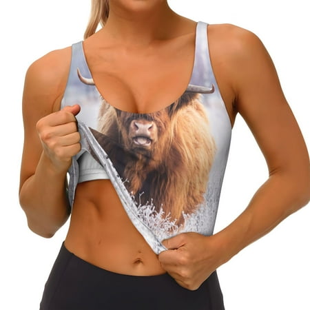 Qokaie Cow Pattern Womens Scoop Neck Sports Bra Breathable Workout Vest Padded U Back Medium Impact Fitness Gym Yoga Bra Workout Crop Top