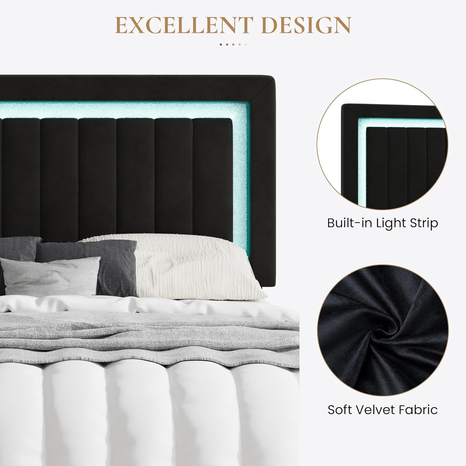 SHA CERLIN Queen Size Velvet Bed Frame with LED Light, Adjustable Vertical Channel Tufted Headboard, Strong Wooden Slats Support, Noise-Free, No Box Spring Needed, Black