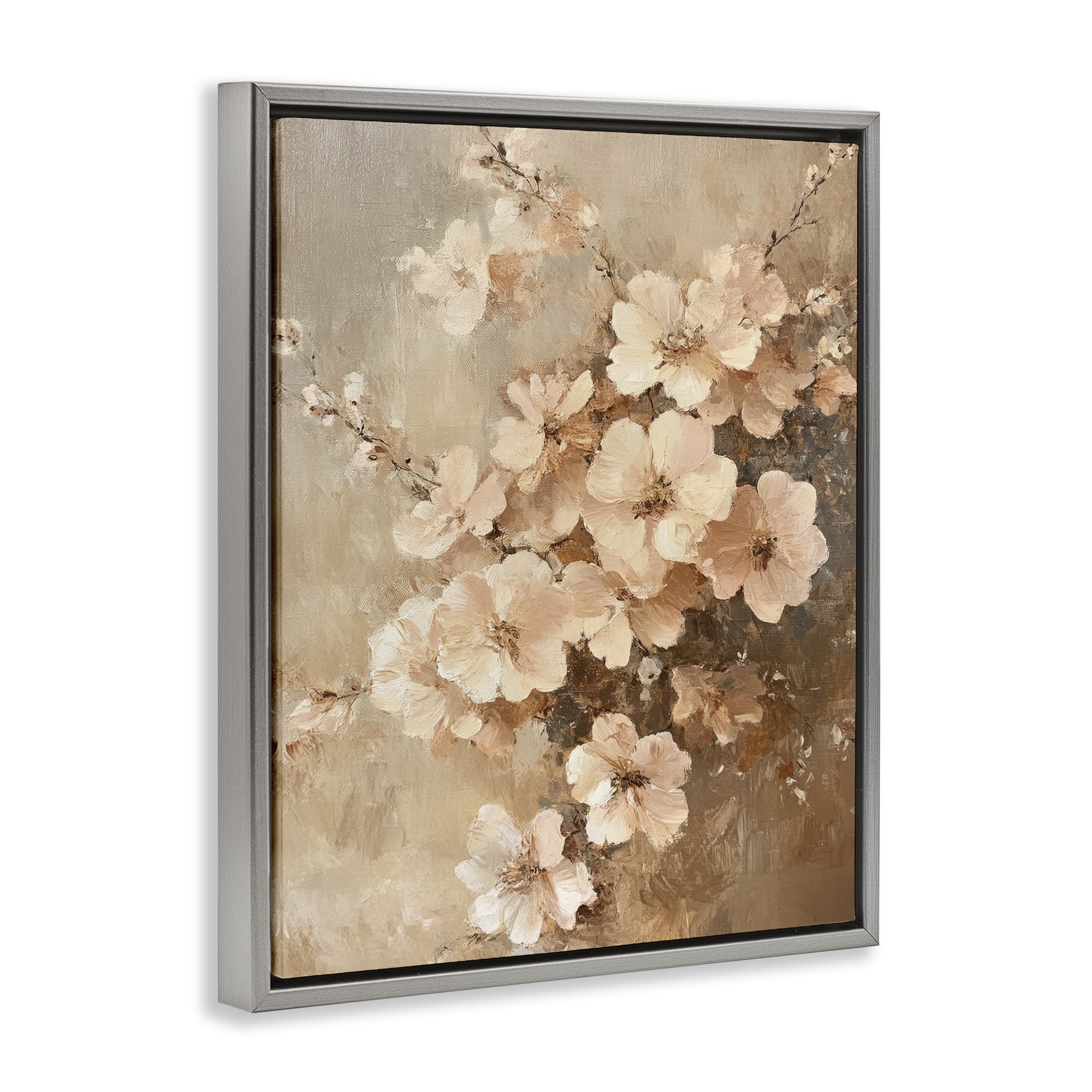 Stupell Industries Blooming Cherry Blossoms Plants & Flowers Painting Gray Floater Framed Canvas Art Print Wall Art, 25 x 31