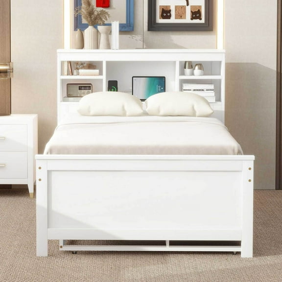 Newest Twin Size Platform Bed with Storage Headboard, USB, Twin Size Trundle and 3 Drawers, White