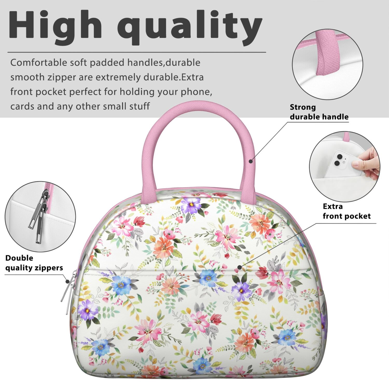 Rustic Floral Lunch Bag – Vintage Bloom Pattern Tote for Women with Insulated and Leakproof Lining, Ideal for Outdoor Meals