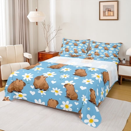 jejeloiu Cute Capibara Full Size Sheets Rustic Flower Daisy Bed Sheets Brown Blue White Sheet Sets For Child Microfiber Bedroom Decor 4 Pieces