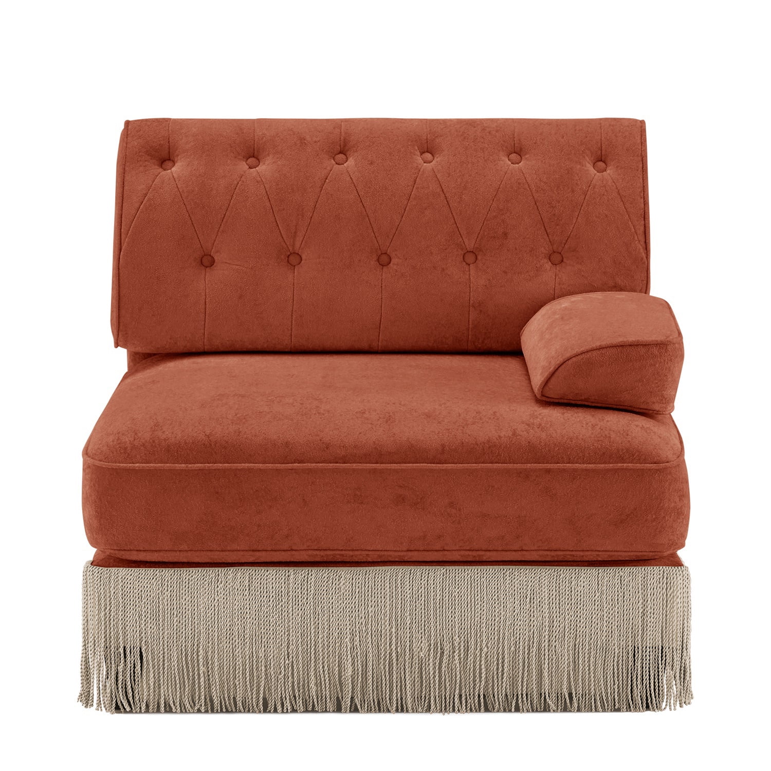Hommoo Comfort Velvet Fabric Sofa with Right Arm, Button Tufted Design & Floor-grazing TasseL, Red Brown