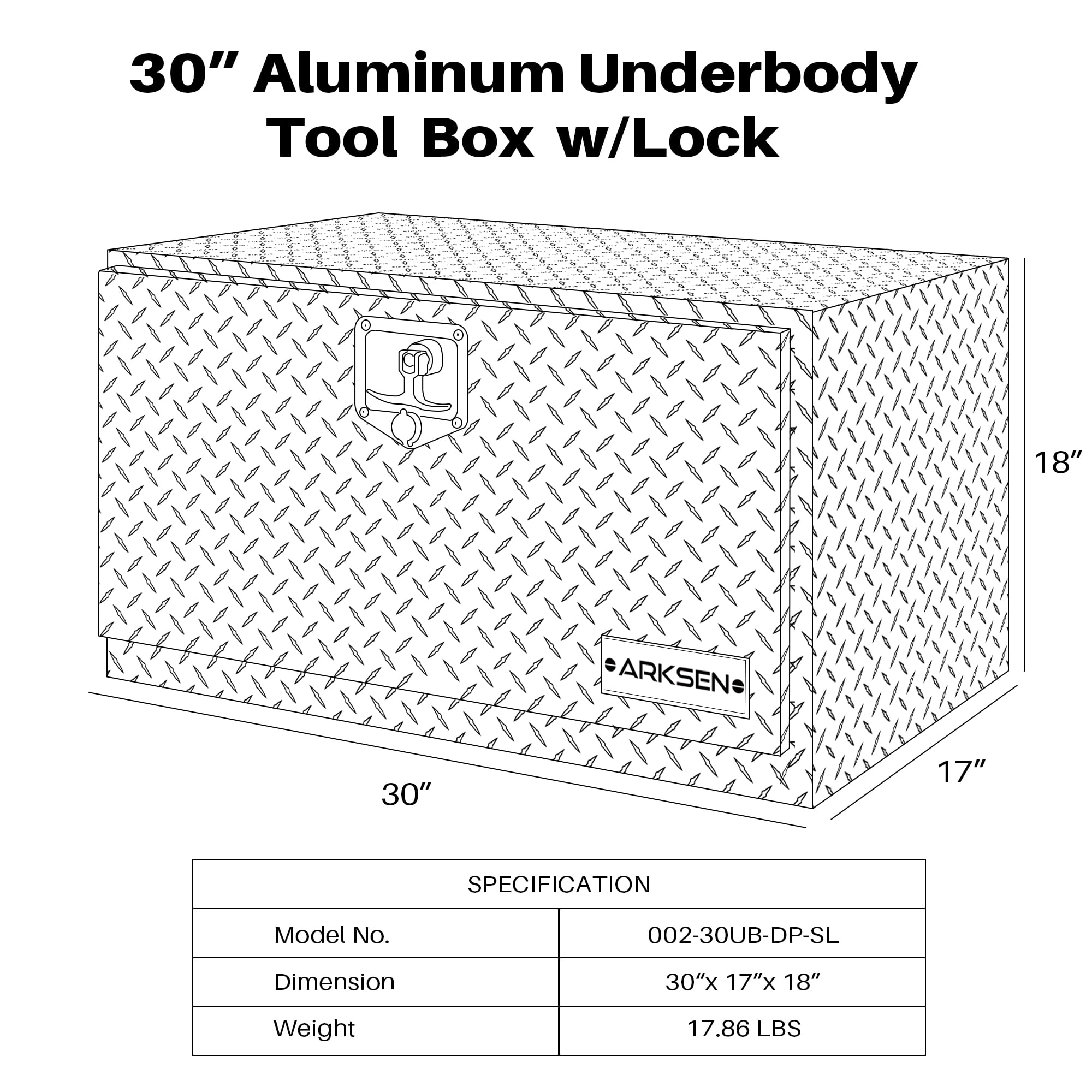 ARKSEN Boîte à outils en aluminium robuste de 76,2 cm avec plaque diamant  pour pickup, camion, lit, camping-car, remorque, organiseur de rangement  avec poignée latérale et clés de verrouillage - : 