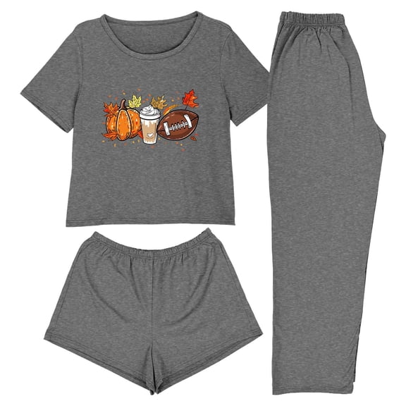 Fewfanhot Women Pajama Sets 3 Piece Cute Thanksgiving Turkey Print Pajama Set Short Sleeve Tee Lounge Shorts and Pants Sleepwear