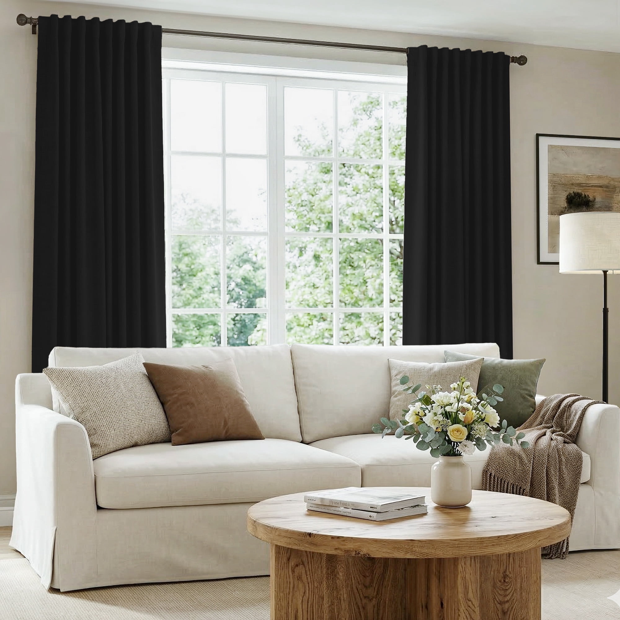 GLEAMIST 100% Blackout Curtains 2 Panels Set, 52 Inches Wide Faux Linen Thermal Insulated Light Blocking Drapes, Rod Pocket & Back Tab for Bedroom Living Room, Black