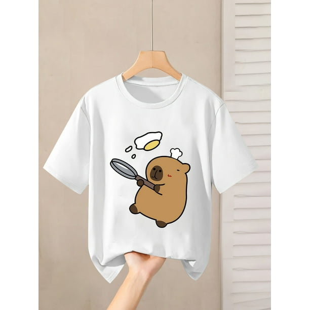 A Summer Casual Round-Neck T-Shirt Featuring a Chef Capybara Print, Made from Knitted Cotton Fabric with Slight Stretch, Suitable As a Gift.