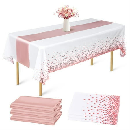 

Pesonlook 6 Packs Tablecloth Table Runner Set Disposable Rose Gold Tablecloth Waterproof Table Cover 54 x 108Inch and Satin Table Runner 12 x 108Inch for Wedding Birthday Party Table Decoration