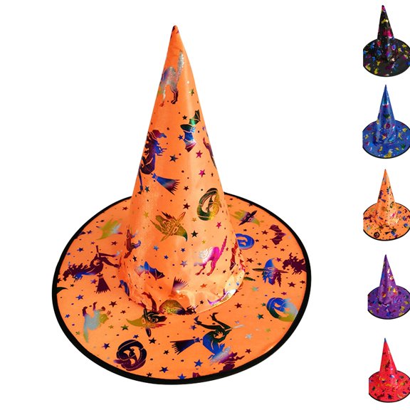 Halloween Shiny Glitter Satin Pointed Witch Hat with Wide Brim, Wizard Costume Accessory, Eye-catching Headwear for Halloween Party, Holiday Dress Up & Celebrations Orange