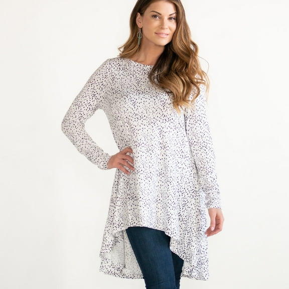 Howard's S/M Scattered Dots Brushed Jersey Boat Neck Long Sleeve High Low Top for Women