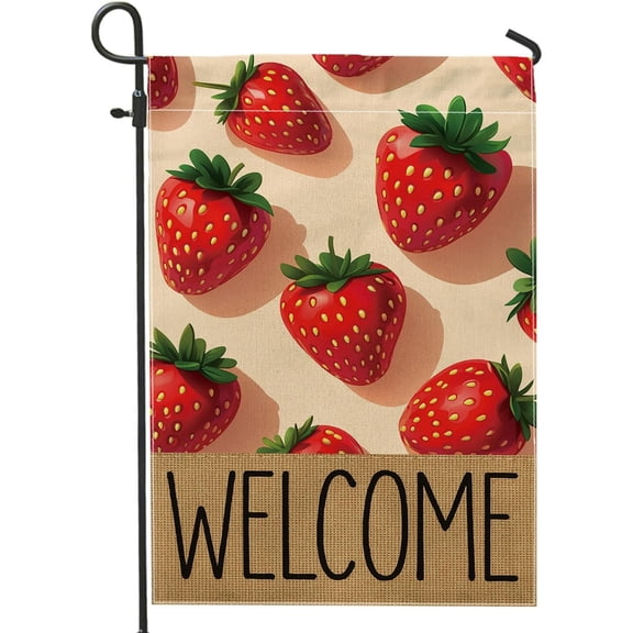 Summer Strawberry Welcome Garden Flag, Double Sided Burlap Yard Banner, Outdoor Patio Lawn Seasonal Home Decor, 12 x 18 Inch