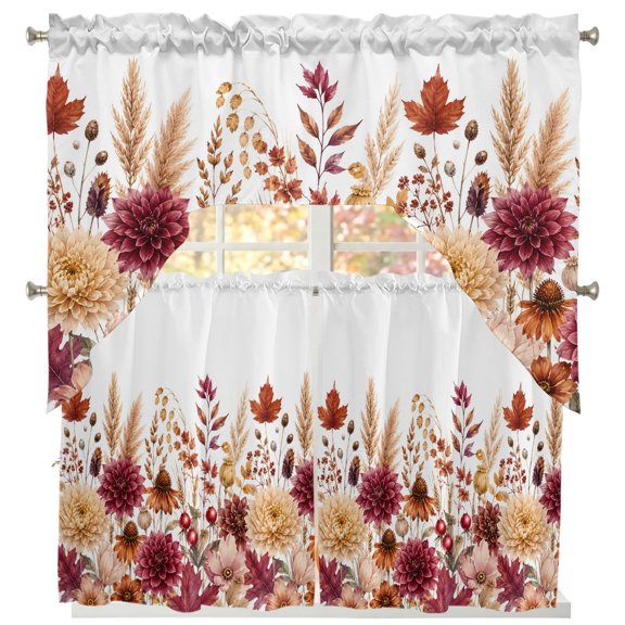 Red Yellow Orange Fall Swag Kitchen Curtains Sets for Windows 24 Inch Length, Autumn Floral Botanical Maple Leaf Short Window Curtain Panels Swags Valances and Tiers 3 Piece Set for Cafe/Dining Room