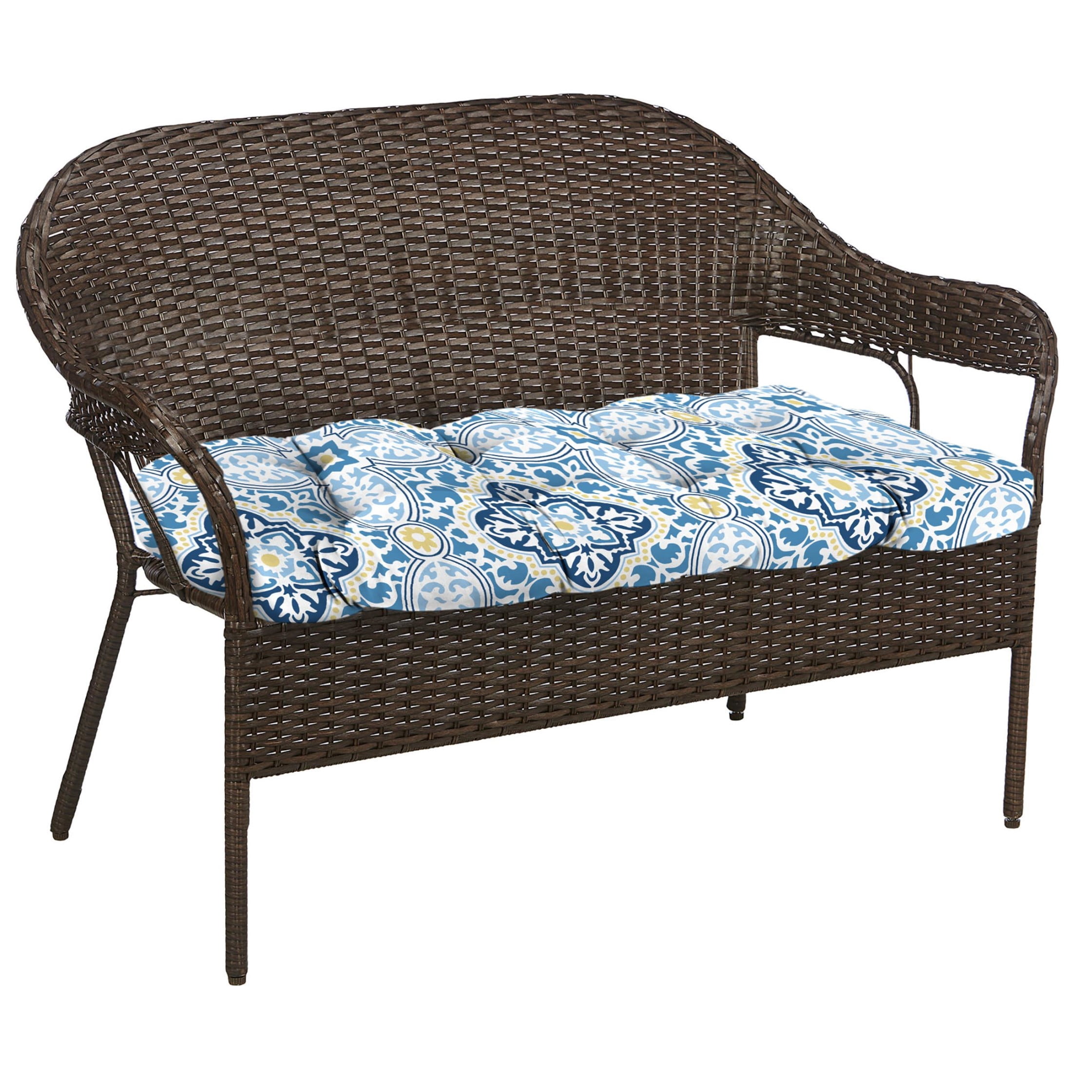 Jordan Manufacturing 44" x 18" Rave Sky Blue Quatrefoil Rectangular Tufted Contoured Outdoor Wicker Settee Bench Cushion