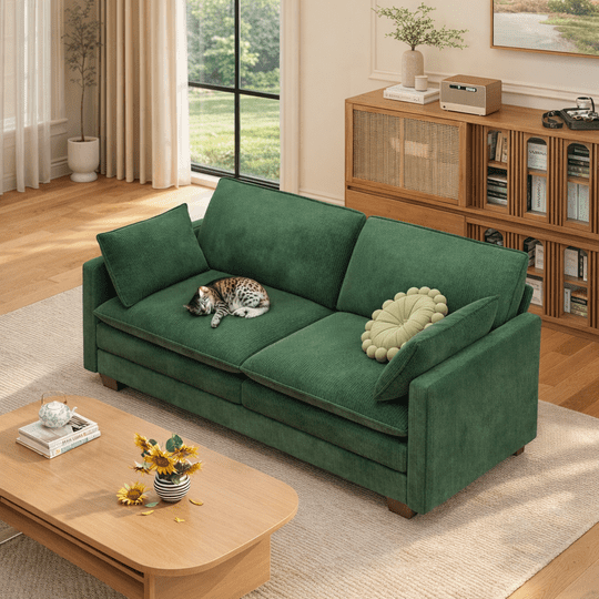 Aiho 75" L Loveseat Sofa, Comfy Corduroy Fluffy Couch with Deep Seat with Double Layer Cushions for Living Room, Apartment, Bedroom, Bedroom - Green