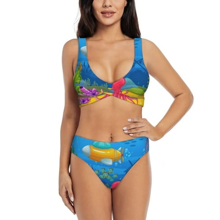 Zeuib Submarine And Landscape High Waisted Tummy Control Bikini Set - Knot Front Push Up Top & Cheeky Thong Bottom  Two-Piece Swimsuit for Women-XX-Large