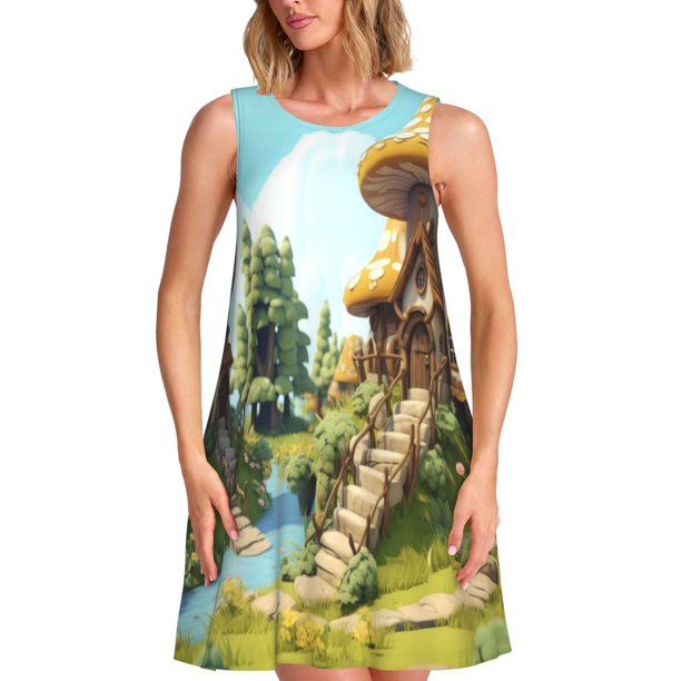 Easygdp Cartoon Mushroom House para Vestido Transpirable de Mujer, Vestido Suelto de Manga Corta con Pliegues y Bolsillos para el Verano
