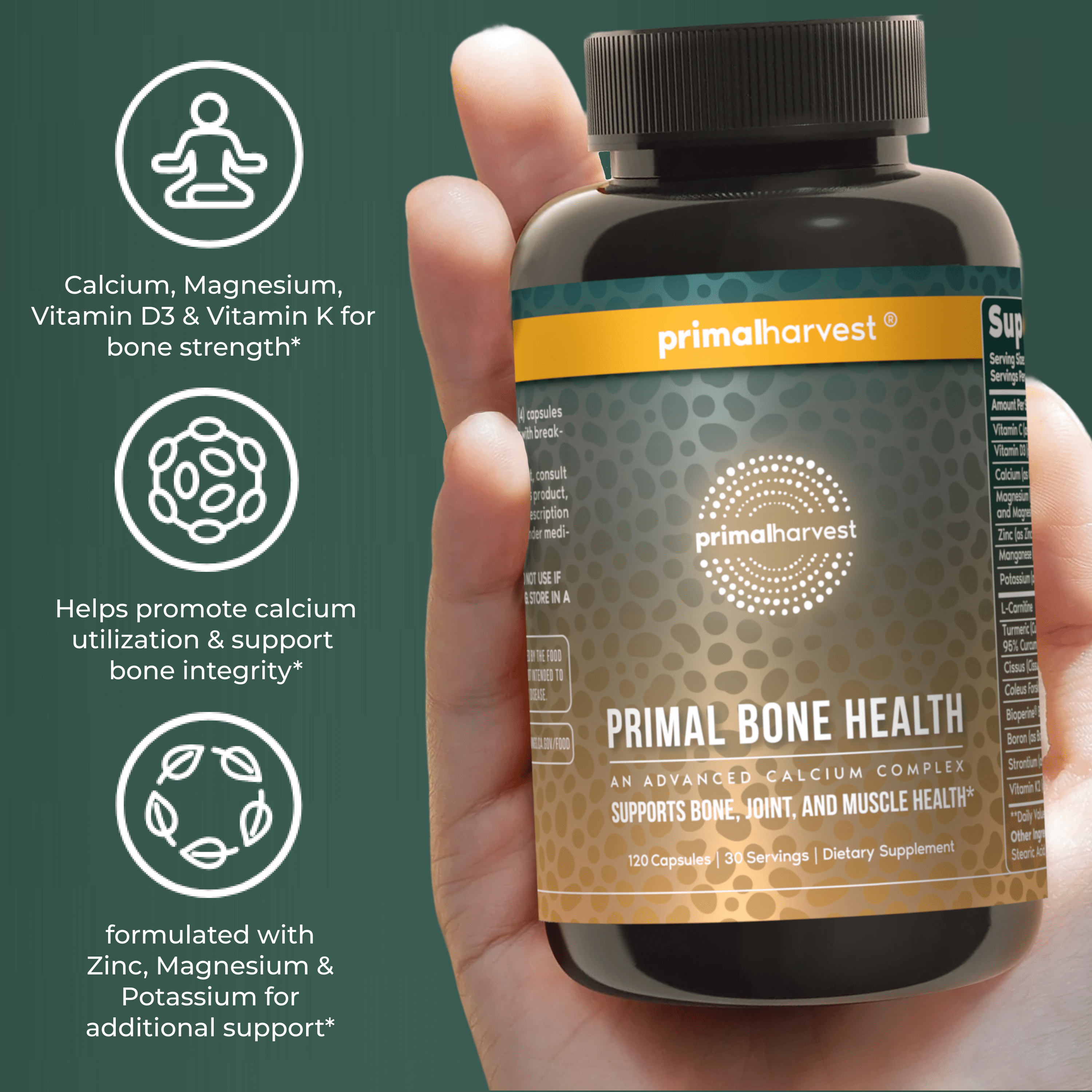 Primal Harvest Primal Bone Health Calcium Complex Capsules for Musculoskeletal Flexibility, 120 Count