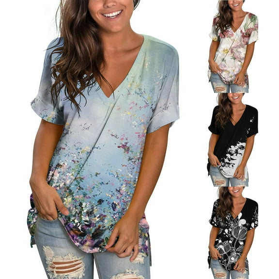 Fesfesfes Women Plus Size Tops Women Crewneck Print Tees Short Sleeve T Shirt Blouse Loose Tops Womens Workout Tops 4(S)