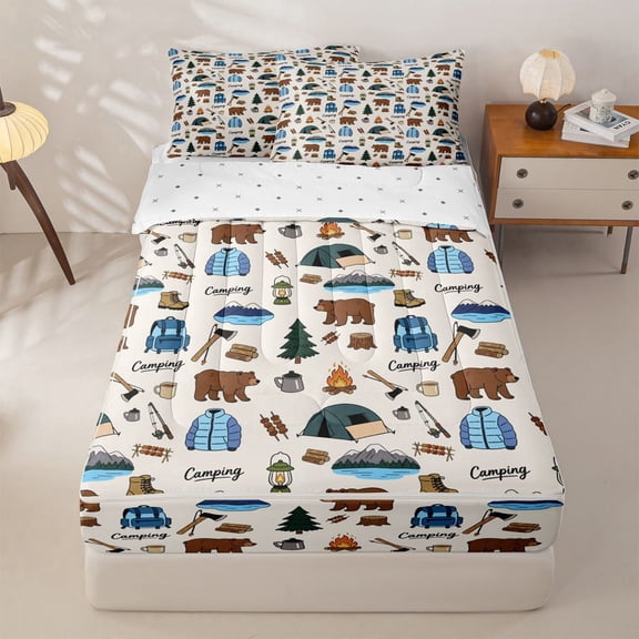 Homewish Jungle Wildlife Bear Zipper Twin Comforter Sets with Fitted Sheet and 2 Pillowcases For Kids,Outdoor Adventure Zipper Bedding Set,Reversible,4 Pieces