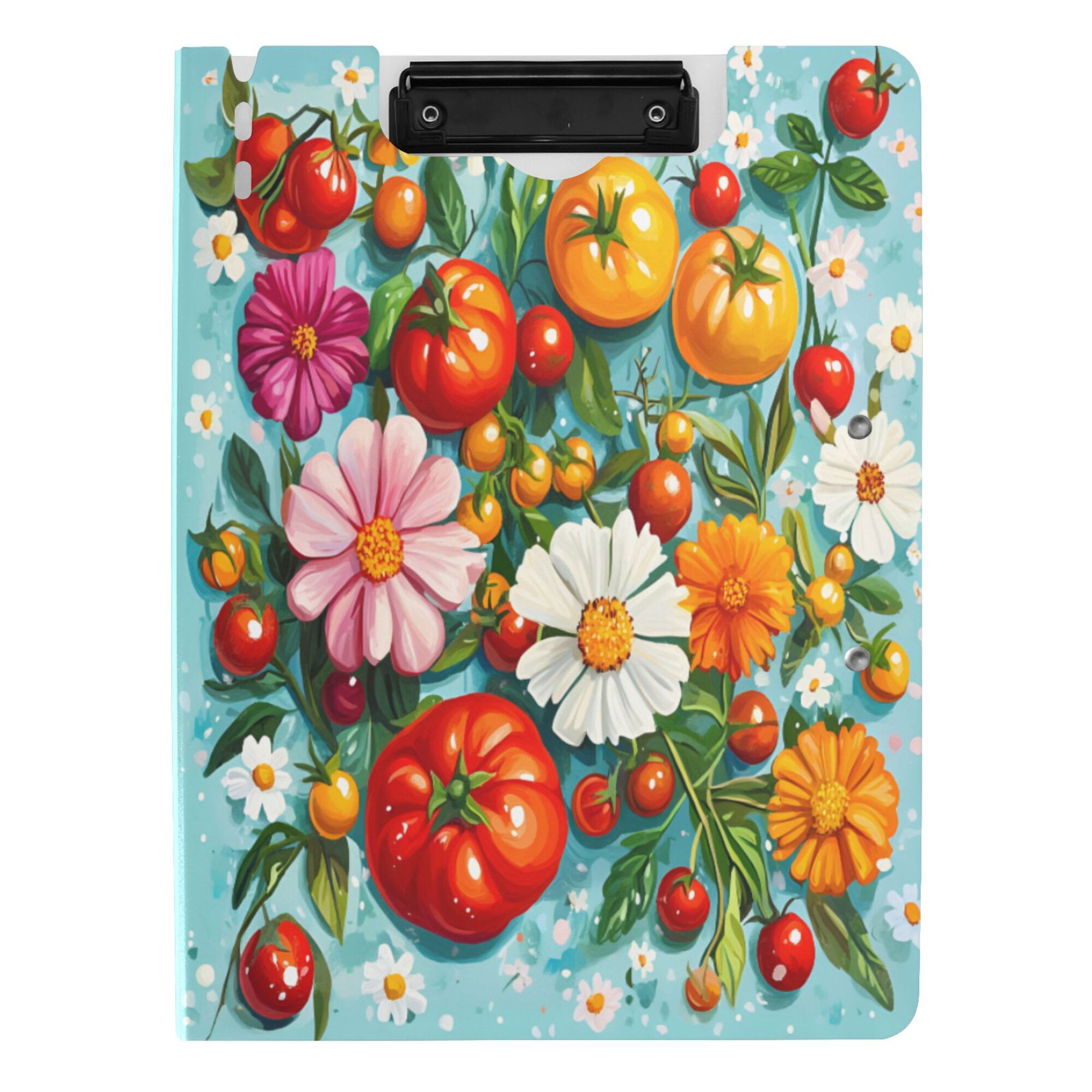 FORMRS A4 Clipboard Folder with Pen Holder Horizontal Foldable School Office Binder, Pink Floral Tomatoes
