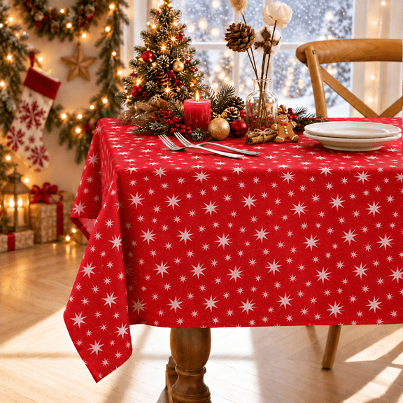 decorUhome Waterproof Christmas Tablecloth, 52 x 70 inch Decorative Rectangular Table Cover, Washable Table Cloth for Party, Red with White Star