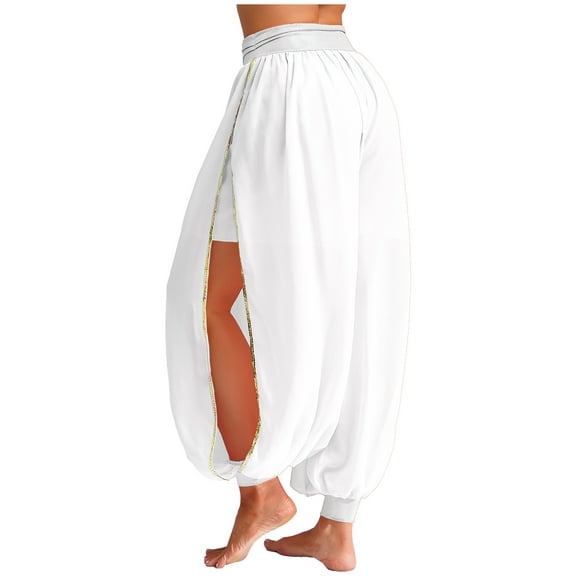 Zaldita Women's Belly Dance Harem Pants Ruched Waistband Side Split Pants Chiffon Bloomers Dancewear White One Size