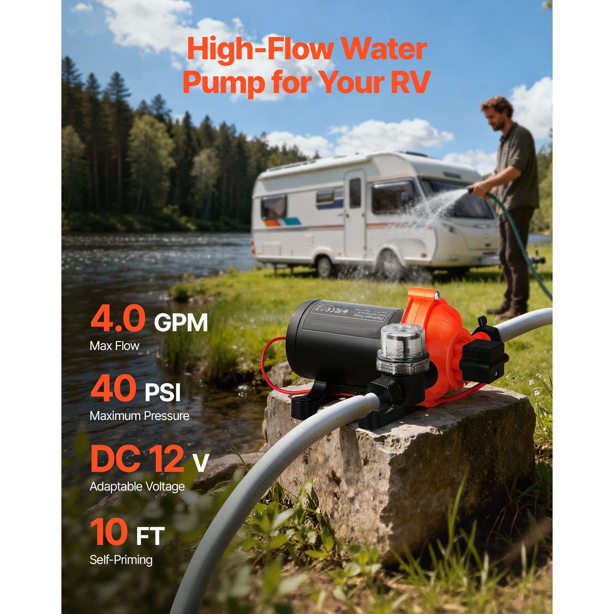 KFFKFF 4 GPM Flow Rate, 3-Chamber Self-Priming Diaphragm Pump with Automatic Pressure Switch, 40 PSI Max Pressure, 12V DC RV Water Pump