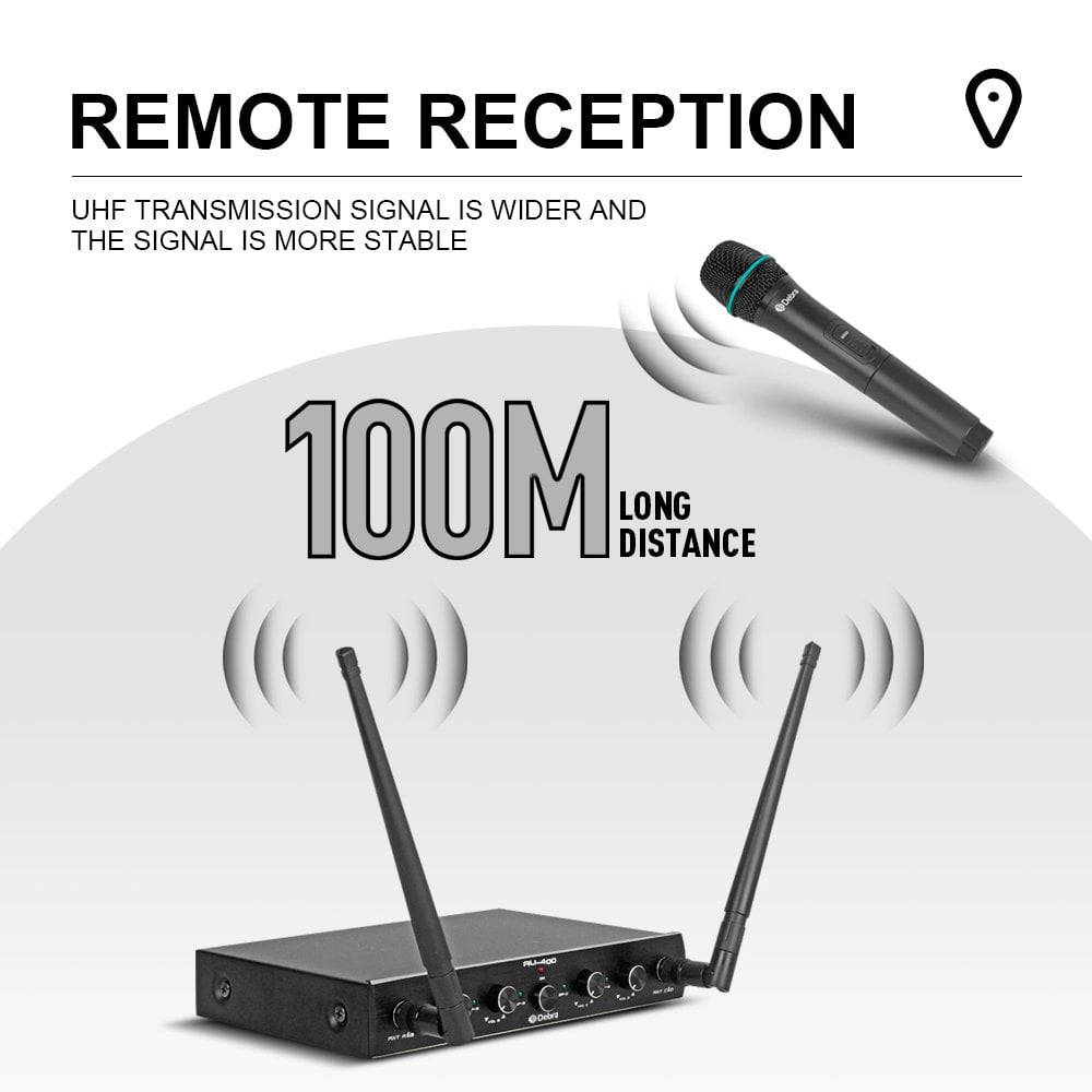 Pro UHF 4 Channel Wireless Microphone System Debra Audio AU400 with Cordless Handheld Lavalier Headset Mics, Metal Receiver, Ideal for Karaoke Church Party(With 4 Handheld Mics(B))